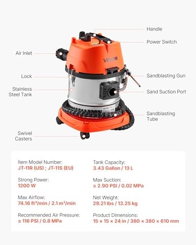 VEVOR Walnut Blaster Kit for Carbon Cleaning, 1200W Sand Blaster with Built-in Vacuum, Extension Nozzle Sandblaster Gun, and 5.5lbs Walnut Shell for Engine Intake Valve Cleaning - 13L - Image 6