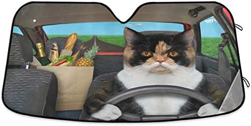 Cat Driving Car Windshield Sun Shade Fun Animal Cool Foldable UV Ray Sun Visor Protector Sunshade to Keep Your Vehicle Cool (55" x 27.6")