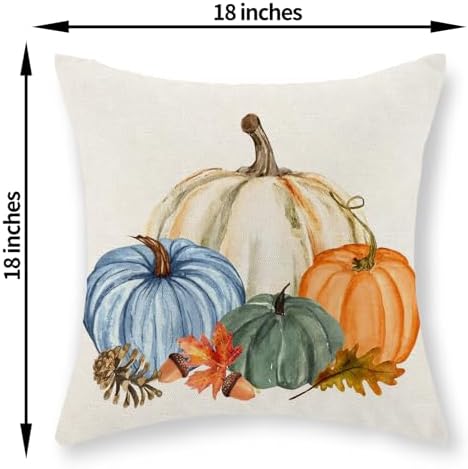 Fall Pillow Covers 18x18 Set of 2 Watercolor White Orange Blue Green Pumpkin Pillow Cases Outdoor Fall Decoration Throw Pillows Holiday Autumn Thanksgiving Cushion Case for Couch Home Decor - Image 2