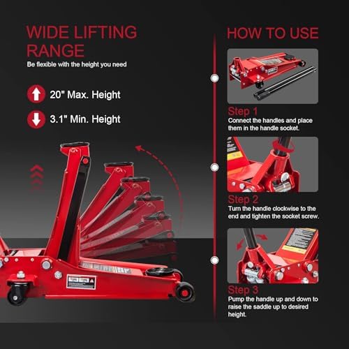 Big RED ATZ830026XR Torin Hydraulic Ultra Low Profile Heavy Duty Steel Service/Floor Jack with Dual Piston Quick Lift Pump, 3 Ton (6,000 lb) Capacity, Red - Image 6