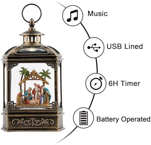 Christmas Snow Globe Swirling Glittering Nativity Scene with Music, USB Lined/Battery Operated Lighted Water Lantern for Christmas Festival Decoration Gifts - Image 6