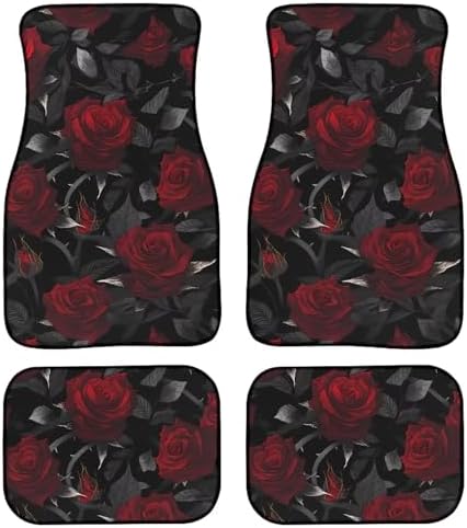 Garden Car Accessories Floor Mats 4PCS, Red Rose Rubber Front and Rear Mats Non-Slip Floor Mats, Vintage Thron Floral All Season Heel Pad Fit for SUV Van