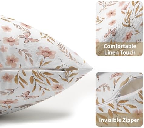 Spring Pink Floral Pillow Covers 12x20 Set of 2 Flower Leaf Throw Pillow Covers Pillowcase Linen Decoration Farmhouse Soft Decorative Butterfly Vintage Cushion Case Couch for Indoor Outdoor Home Decor - Image 5