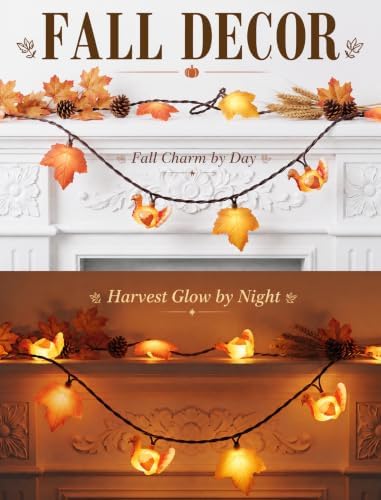 Fall String Lights Plug in, 12Ft 20 LED Maple Leaves Turkey Decor Lights - Image 2