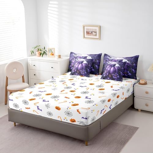 Erosebridal Halloween Pumpkin Twin Comforter Set 7 Piece,Gothic Purple Floral Bedding Set with Sheets Spooky Ghost Bed in A Bag for Kids Adults,Spider Web Decor Bed Set with Comforter - Image 5