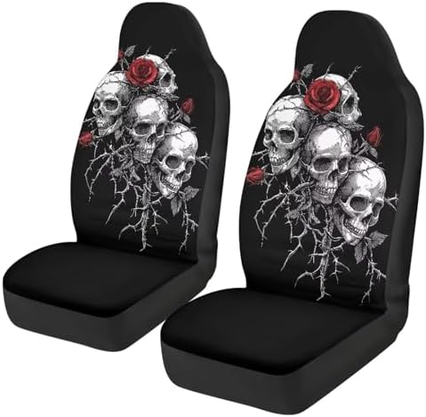 Halloween Skull Rose Car Seat Covers 2 Pcs Universal Front Car Seats Breathable Stretch Polyester Fabric Cover Easy Installation Suitable for Cars, SUV and Trucks