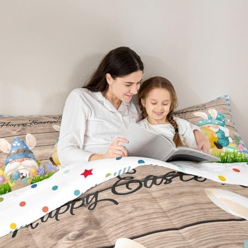 Happy Easter Comforter Set Queen Size Cute Rabbit Gnomes Bedding Set 3pcs for Kids Girls Boys Bedroom Blue Grid Watercolor Quilt Set Rustic Farmhouse Brown Wooden Duvet Insert,2 Pillowcases - Image 2