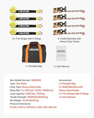 VEVOR Wheel Chock Tie-Down Kit, Tire-Style Tow Dolly Strap, Car Tie Down Kit with Heavy-Duty Hook, Break Strength 10009 lbs & Working Load 3333 lbs Motorcycle System for ATV, SUV, Snowmobiles