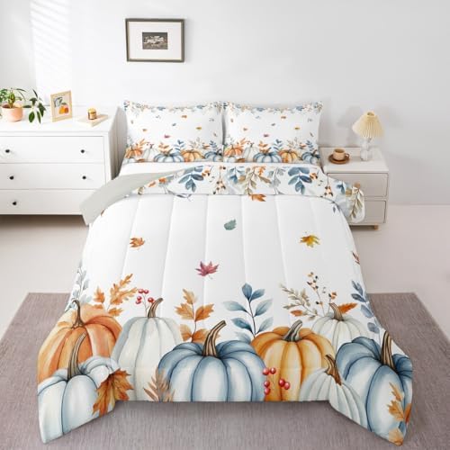 Erosebridal Fall Pumpkin Bedding Queen,Autumn Maple Leaves Comforter Set Watercolor Pumpkins Eucalyptus Bed Sets Harvest Thanksgiving Farmhouse Duvet Insert 3 Pieces by Erosebridal