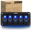 Nilight - 90110E 5 Gang Aluminum Rocker Switch Panel Toggle Dash 5 Pin ON/Off Pre-Wired Rocker Switch Blue Backlit Switch for Automotive Car Marine Boat RV,2 Years Warranty