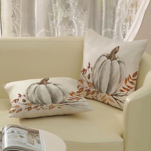 Fall Pillow Covers 18x18 Set of 2 White Pumpkin Leaf Branch Fall Decor Pillowcase Autumn Harvest Thanksgiving Decorative Outdoor Throw Pillow Covers Linen Farmhouse Cushion Case for Couch Home - Image 4