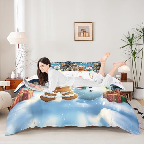 Gingerbread Man Duvet Cover Set Full Size,Cute Snowman Merry Christmas Kids Bedding Set,Snowflake Winter Xmas Poinsettia Room Decor,Blue Brown Quilt Cover,2 Pillowcases(No Comforter) - Image 5