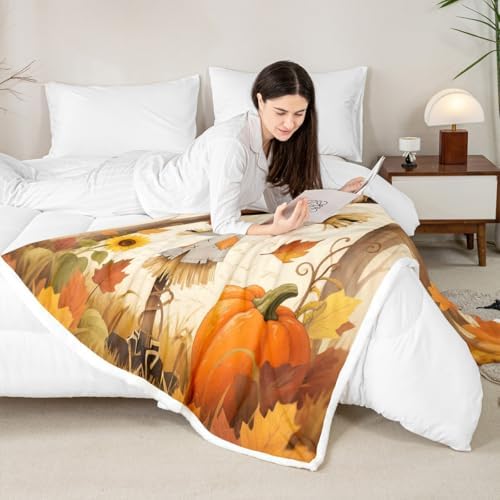 Fall Scarecrow Sherpa Blanket Maple Leaf Sunflower Throw Blanket Bedroom Living Room Soft Cozy Harvest Thanksgiving Pumpkin Blankets Decor for Bed Couch Sofa Orange Yellow Flannel Blankets 50"x60" - Image 4