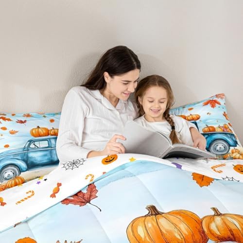 Erosebridal Pumpkin Comforter Set Cartoon Car Bedding Comforter Sets Blue Pumpkin Bedding for Toddler Youth, Boys Autumn Leaf Duvet Insert 3Pcs Fall Decor - Queen, 1 Comforter with 2 Pillowcases - Image 6
