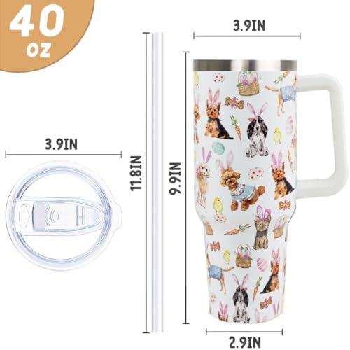 Easter Tumbler 40oz Bunny Ears Dog Cup Coffee Mugs Cute Puppy Chick Leak Proof Cups with Handle and Straw Stainless Steel Vacuum Insulated Water Bottle Easter Gifts Spring Decor (1PCS) - Image 3
