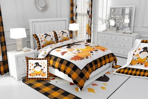 Erosebridal Cute Gnome Kids Bedding | Fall Twin Comforter Sets,Farmhouse Plaid Buffalo Grid Comforter Thanksgiving Autumn Leaves Duvet Insert with 1 Pillow Case - Image 7