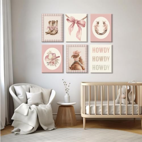 Western Cowgirl Nursery Wall Art Decor Vintage Girl Room Canvas Poster Pink Coquette Nursery Art Prints Preppy Aesthetic Pictures Bow Floral Boots Artwork for Girls Bedroom 12x16x6 Inch Wrapped Canvas - Image 6