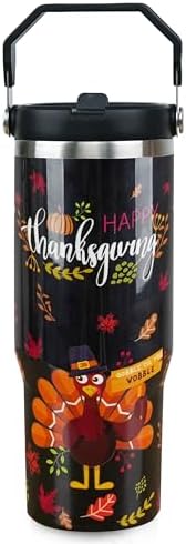30oz Fall Tumbler with Handle and Flip Straw, Fall Gifts for Women, Reusable Stainless Steel Thanksgiving Tumbler, Insulated Leak Proof Travel Coffee Mug, Thanksgiving Gifts by HOWSEESNOW