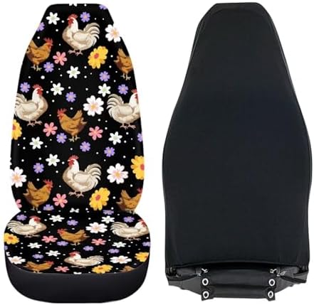 BIGCARJOB Boho Chicken Car Seat Protector - Full Set of 2 Pieces Hippie Daisy Chicken Vehicle Bucket Seat Pad for Women's Auto Interior