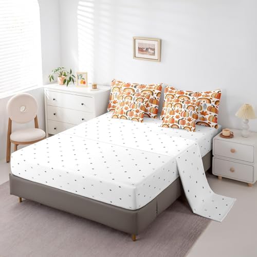 Erosebridal Kids Cartoon Pumpkin Queen Comforter Set 7 Piece Size,Boho Rainbow Bedding Set with Sheet Set for Boys Girls,Fall Maple Leaves Bed in A Bag Autumn Thanksgiving Day Bed Set - Image 4