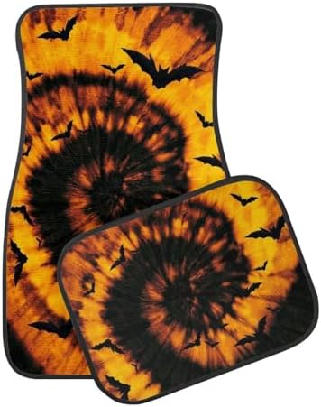 Orange Black Tie Dye Bat Print Funny Halloween Car Floor Mats 4 PCS, Cute Durable Interior Accessories for Car SUV, All Weather Floor Mats with Front Rear Trunk Liners Set for Party
