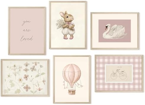 Pink Nursery Wall Art Baby Girl Canvas Wall Decor Vintage Poster Bunny Flower Wall Art Antique Preppy Pictures Animal Floral Prints Kids Swans Painting for Girls Room Bedroom 12x16x6 Inch Wood Framed by Unknown