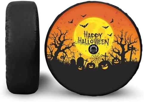 Halloween Night Scene Spare Tire Cover with Camera Hole, Wheel Protector Tyre Cover Universal for Trailer RV SUV Truck Travel Trailer Camper, Accessories 18" Fits Tire Diameter 33"-34"