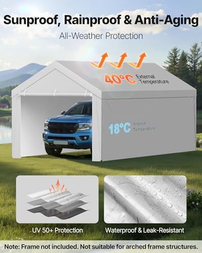 VEVOR Carport Replacement Canopy Cover, 13 x 20 ft Potable Garage Tent Top Tarp with Sidewalls, UV-Resistant & Waterproof, Heavy Duty Car Shelter Tarp with Ball Buggees, Grey, Frame Not Included - Image 4