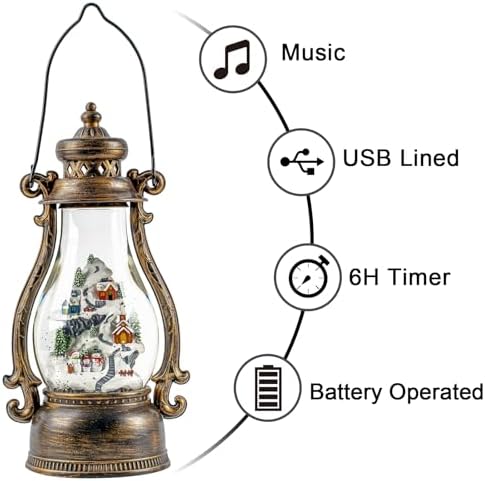14.2" Christmas Village Buildings Tall Snow Globe Lantern Water Glittering Snowman Family with Music & Timer, USB Lined/Battery Operated Lighted Lantern for Christmas Festival Decoration Gifts - Image 5
