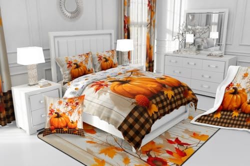Erosebridal Fall Pumpkin Harvest Duvet Cover Full Size, Country Cottage Decor Comforter Cover for Kids Teens Adult Bedroom, Brown Plaid Bedding Set Rustic Maple Autumn Leaves Bedspread Cover - Image 7