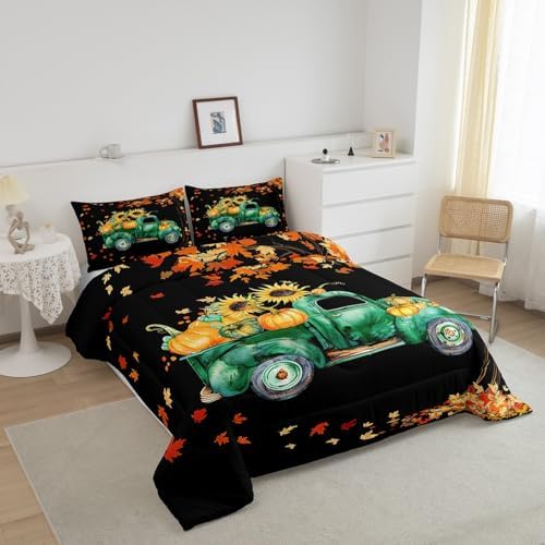 Homewish Fall Pumpkin Truck Car Comforter Set Twin Size Maple Leaves Tree Bedding Autumn Harvest Rustic Farm Quilt for Kids Girls Boys Room Decor Boho Botanical Duvet,Black 2Pcs,CYJS11386ZMD-BZ_USt - Image 4