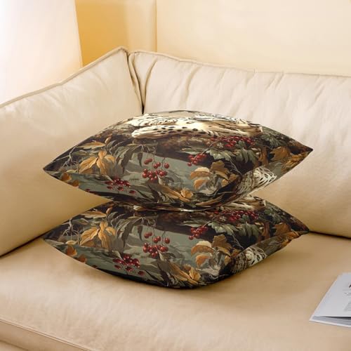 Leopard Pillow Case Covers Double Sides,Jungle Wild Animal Snow Cheetah Pack of 2 Pillow Covers,Rustic Fall Maple Leaves Branch Red Berry Decorative Throw Pillow Covers,20"x 20" - Image 3