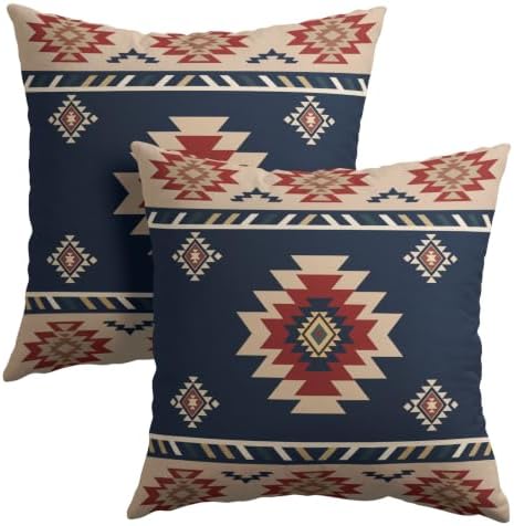 Sweetshow Blue Aztec Southwest Pillow Covers Set of 2 Linen 22x22 Inches by Sweetshow