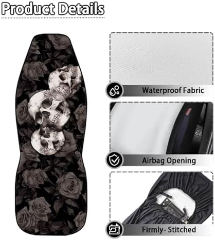 Bulopur Skull Rose Car Seat Covers Washable Waterproof Front Seats Only Auto Drive Seat Covers 2 Pack Anti-Slip Automotive Cushion Protectors Airbag Compatible for Most Cars Sedans Truck Van
