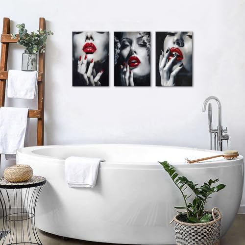 American Girl Canvas Wall Art Living Room Modern Abstract Women Red Lips Canvas Painting Fashion Female Framed Artwork Black and White Wall Decor for Woman Bedroom Bathroom Decoration 16x24 x3P - Image 3