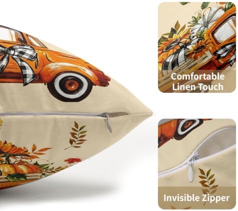 Fall Orange Truck Throw Pillow Covers 12x20 Set of 2 Buffalo Plaid Pumpkin Sunflower Thanksgiving Pillow Covers Plaid Bow Maple Leaves Pillowcase for Kitchen Sofa Cushion Outdoor Bedroom Decoration - Image 6