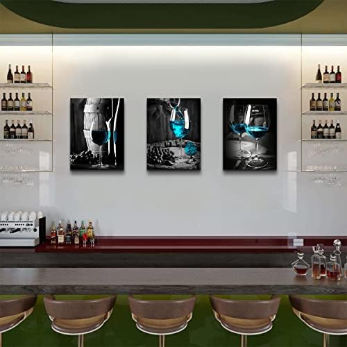 Turquoise Wine Wall Art for Kitchen Teal Wall Decor Living Room Gray and Black Wine Glass Canvas Pictures Dining Room Art Wall Decor Casks Posters Family Bar Modern Home Decorations 12x16" 3 Piece/Set - Image 6