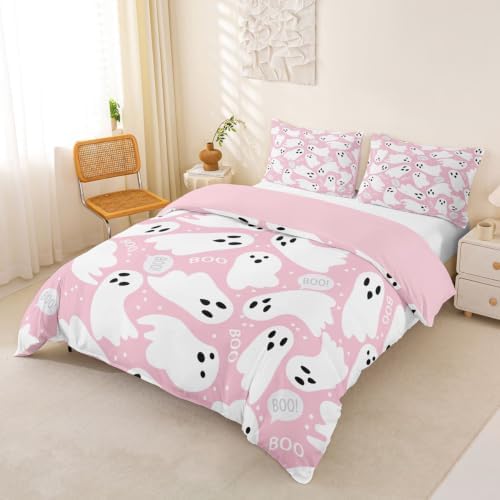 Feelyou Pink Halloween Duvet Cover King Size Cartoon Pink Ghost Bedding Set for Kids Boys Girls Kawaii Cute Comforter Cover Set Microfiber Bedspread Cover Bedroom Bedclothes - Image 2