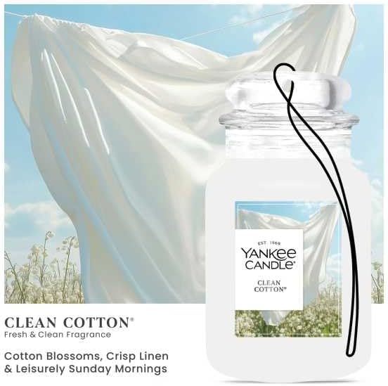Yankee Candle Classic Paper Car Jar Air Freshener, Hanging Car Freshener, Long Lasting Odor Neutralizing Car Fragrance, Clean Cotton (Pack of 6)