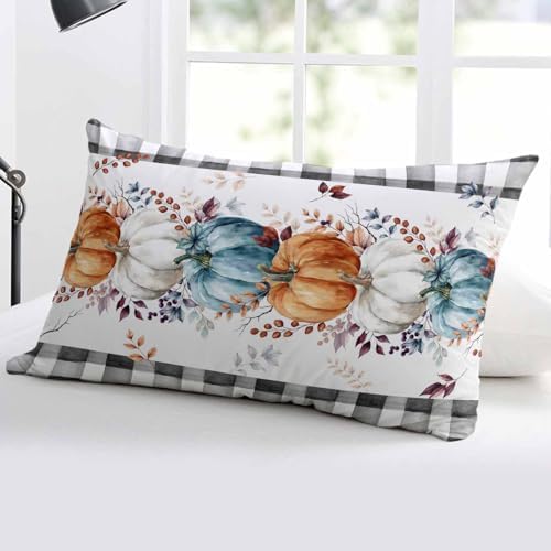 Pillow Covers 20x30 Inch - Queen Fall Blue Orange and White Pumpkin Black Plaid Soft Brushed Microfiber Pillowcases with Hidden Zipper Closure Bed Pillow Shams for Bedroom Sofa Car - Image 5