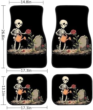 Skeleton Carpet Vehicle Floor Mats Retro Halloween Skeleton All Weather 4 Piece Fit Floor Mat Gothic Tombstone Rose Flower Interior Accessories Anti Slip Mats for Row