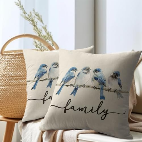 Sweet Home Blue Bird Family Pillow Covers 22x22 Inches Watercolor Throw Pillow Case Set of 2 Spring Summer Pillows Cotton Linen Cushion Cover for Home Couch Sofa Livingroom - Image 7