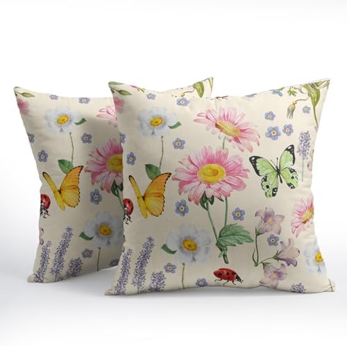 Spring Pillow Covers 24x24 Set of 2 Floral Throw Pillow Covers Rustic Butterfly Pillowcase Linen Decoration Farmhouse Soft Decorative Summer Cushion Case Couch for Indoor Outdoor Home Decor - Image 2