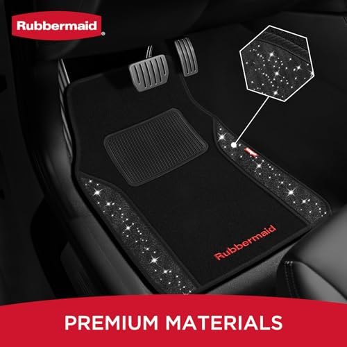 Rubbermaid Bling Car Mats, Carpeted Floor Car Mat with Faux Leather & Built-in Heel Pad, Two-Tone Car Rug Floor Mats, Stylish Carpeted Floor Mats for Cars, Trucks & SUVs Glitter Black Color