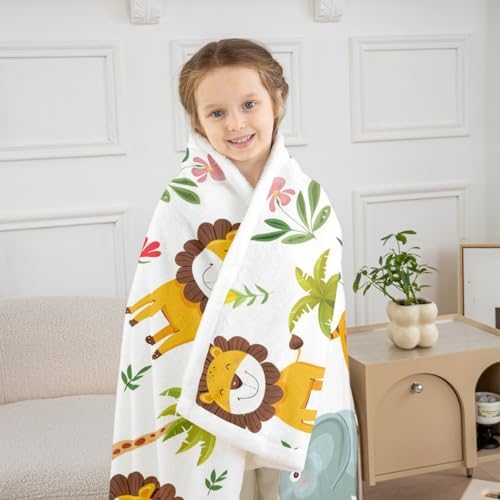 Cartoon Lion Giraffe Throw Blanket Cute Zoo Animals Fleece Flannel Blankets Kids Boys Girls Room Decor Lovely Elephants Trees Bed Blankets for Bed Sofa Couch White Orange Plush Blanket Throw 50"x60" - Image 3