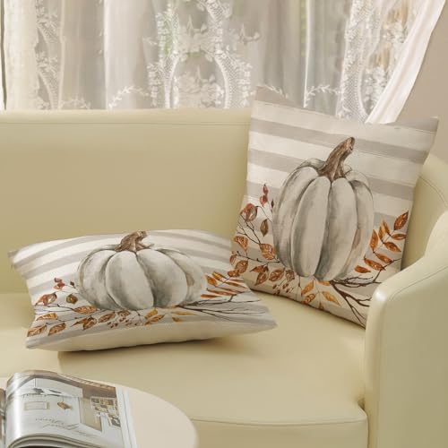 Fall Pillow Covers 22x22 Set of 2 Pumpkin Leaf Branch and Stripes Fall Decor Pillowcase Linen Autumn Thanksgiving Decorative Outdoor Throw Pillow Covers Farmhouse Cushion Case for Couch Home - Image 4