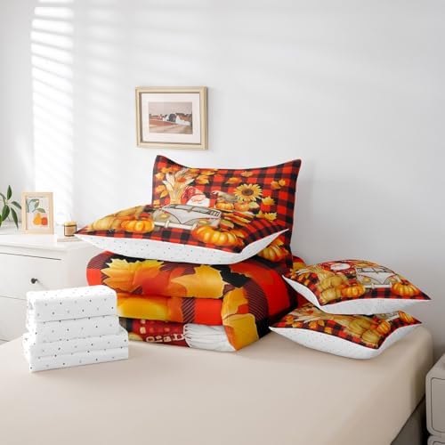 Erosebridal Pumpkin Car Bed in A Bag Queen 7 Piece Cartoon Fall Gnome Bedding Set with Sheets Farmhouse Sunflower Maple Leaf Comforter Set for Kids Adults Orange Black Check Bed Set - Image 6