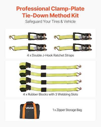 VEVOR Wheel Chock Tie-Down Kit, Deck-Style Trailer Tie Down Strap, Car Tie Down Kit with J-Hook, Break Strength 10009 lbs & Working Load 3333 lbs Motorcycle System for SUVs, Trailers, Trucks
