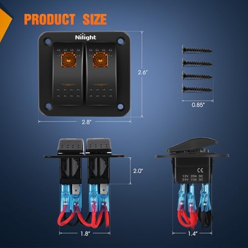 Nilight 2 Gang Rocker Switch Panel w/Orange LED Light 5Pin ON Off Pre-Wired