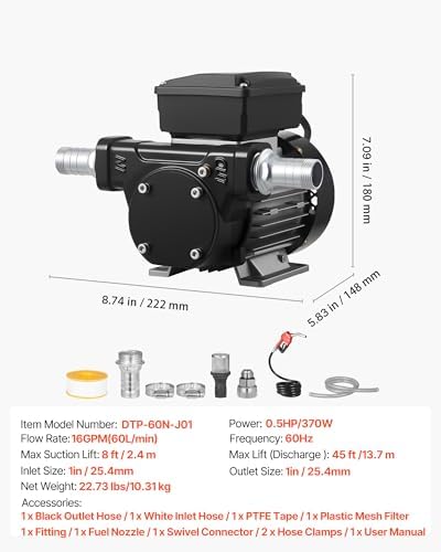 VEVOR Fuel Transfer Pump 110V, 16 GPM 60 L/min, AC Electric Oil Transfer Pump for Diesel Kerosene Biodiesel, with Auto Fuel Nozzle & 2 Hoses, 45 ft/13.7 m Max Lift, for Vehicles, Construction Sites - Image 7